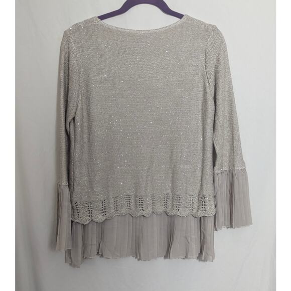 Sioni Gray Beige Sequin Knit Pleated Trim Sweater Size Large - Picture 5 of 5